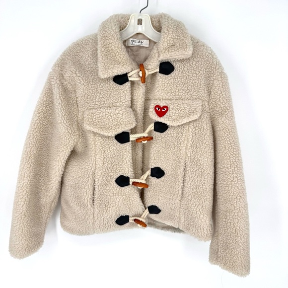 Comme des Garcons PLAY Jackets & Blazers - Comme des Garcons PLAY Cream and Black Teddy Jacket with Plush Texture